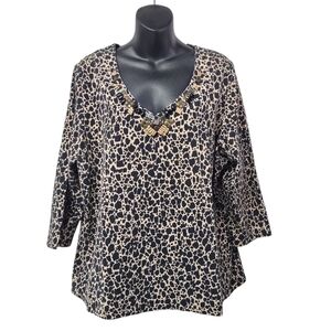 Ruby Rd. Women's V-Neck Animal Print 3/4 Sleeve Top Blouse Stretch Plus Size 1X